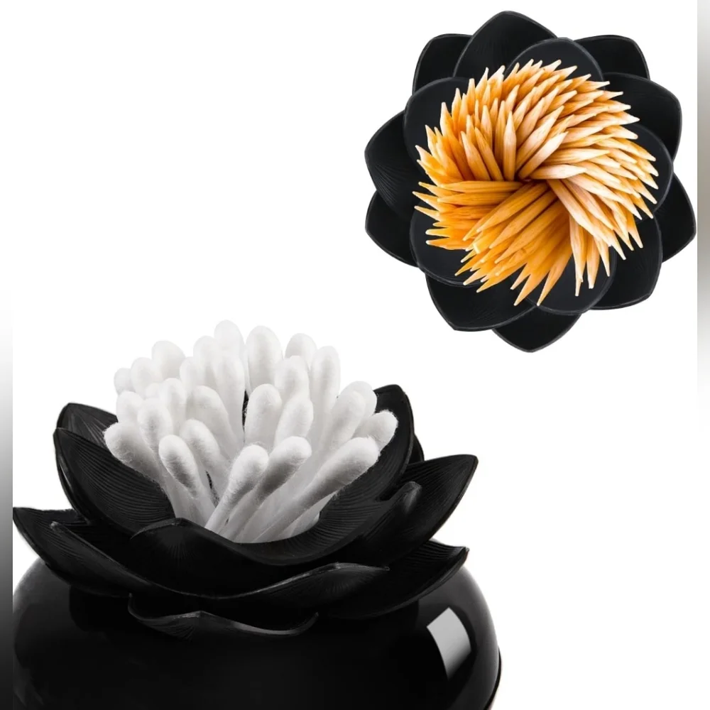 BLACK LOTUS Flower Shape Toothpick Cotton Bud Swab Qtip Holder Storage Box NEW